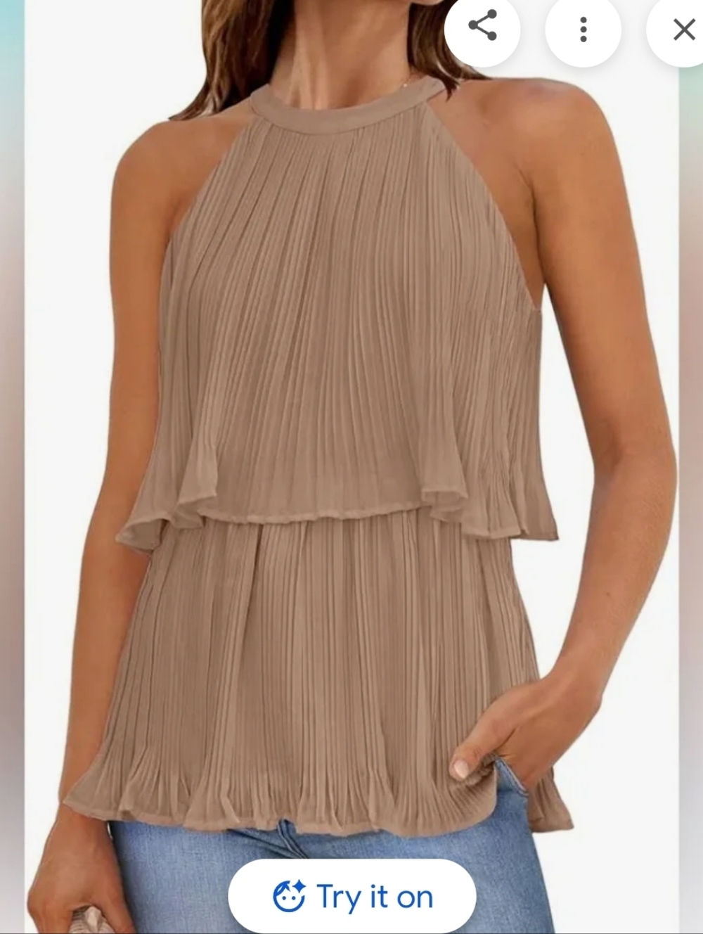 Zesica Sleeveless Ruffle Tiered Chiffon Halter Tank Top - Tan